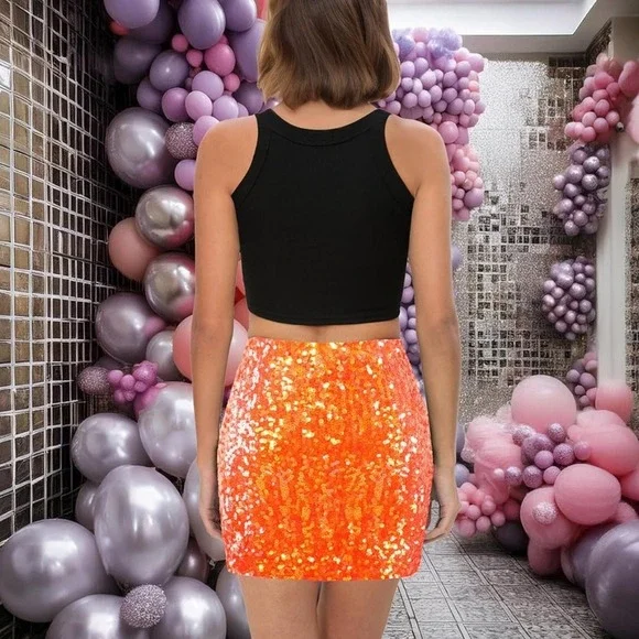 NWT MANER Women's Sequin Bodycon Mini Skirt Orange Medium - Picture 3 of 7